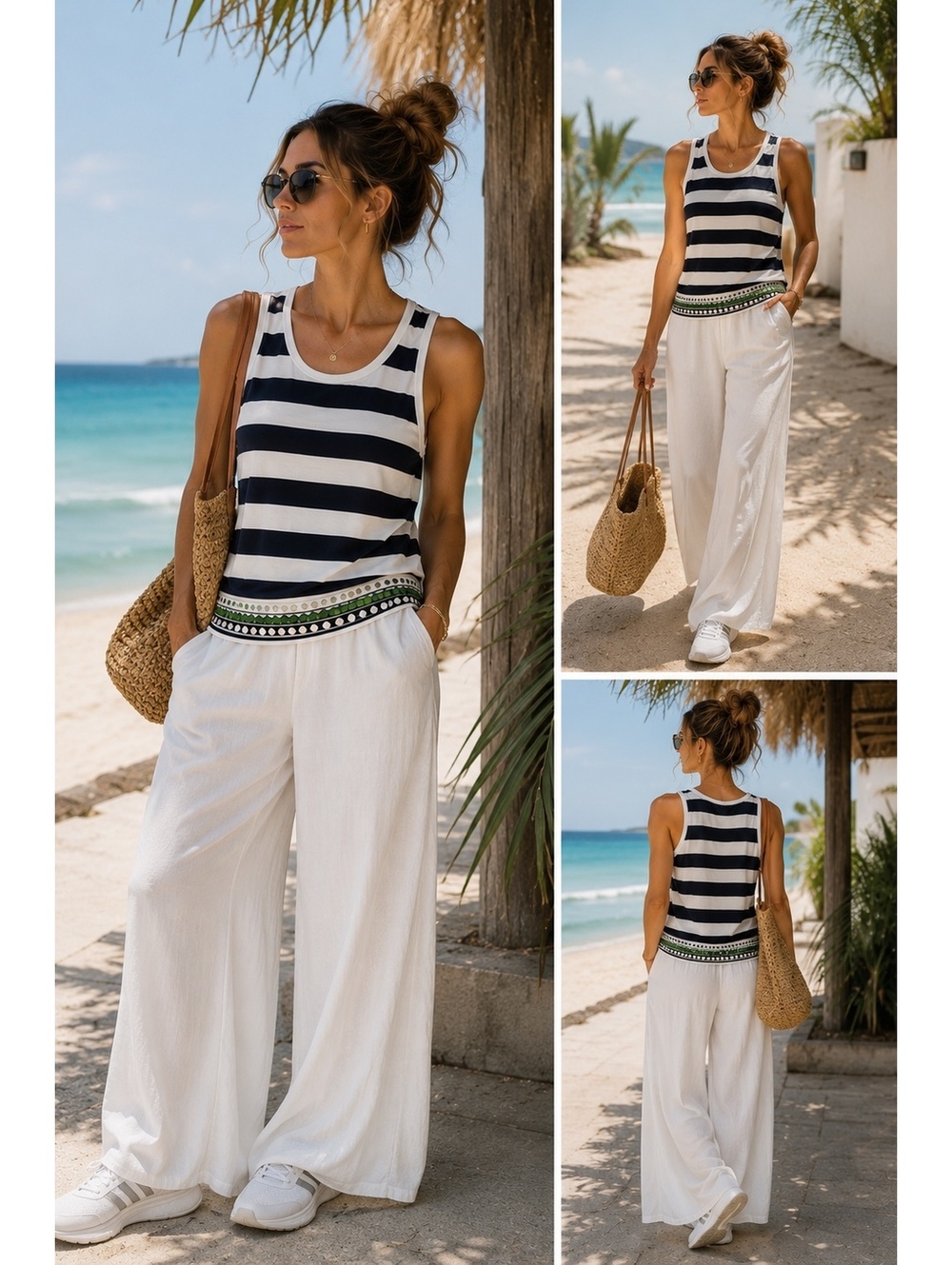 Tory Burch Jacki linen striped tank embroidered hem disc detail top small